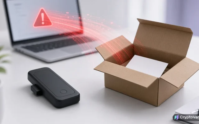 Keystone data breach illustration: an unbranded hardware wallet beside an open shipping parcel while red data streams and a warning icon leak from a laptop