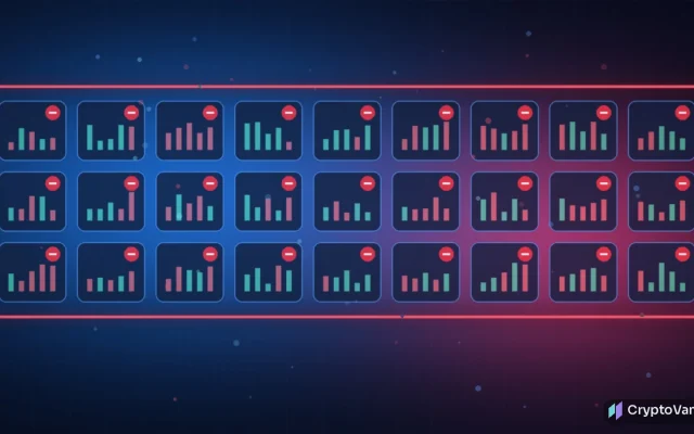 Abstract illustration of how Korea blocks crypto exchanges: glowing exchange tiles on a dark blue grid, several sealed off behind a red barrier, no logos or people