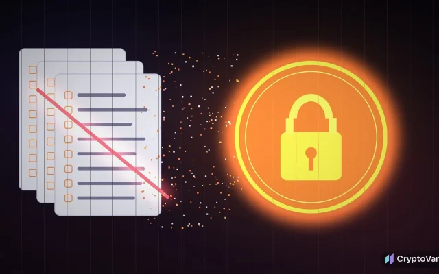 Kraken Monero withdrawal questionnaire illustration: crossed-out form sheets dissolving into particles next to a glowing orange coin with a padlock
