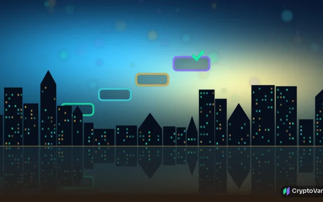 Abstract teal and gold geometric skyline over a desert horizon with ascending license-step blocks, no logos or people