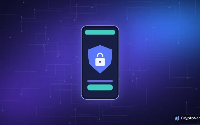 Abstract illustration of a secure phone-style crypto device: a glowing slate with a shield-shaped secure chip and a locked signing bar on a deep indigo gradient, no people or brand logos