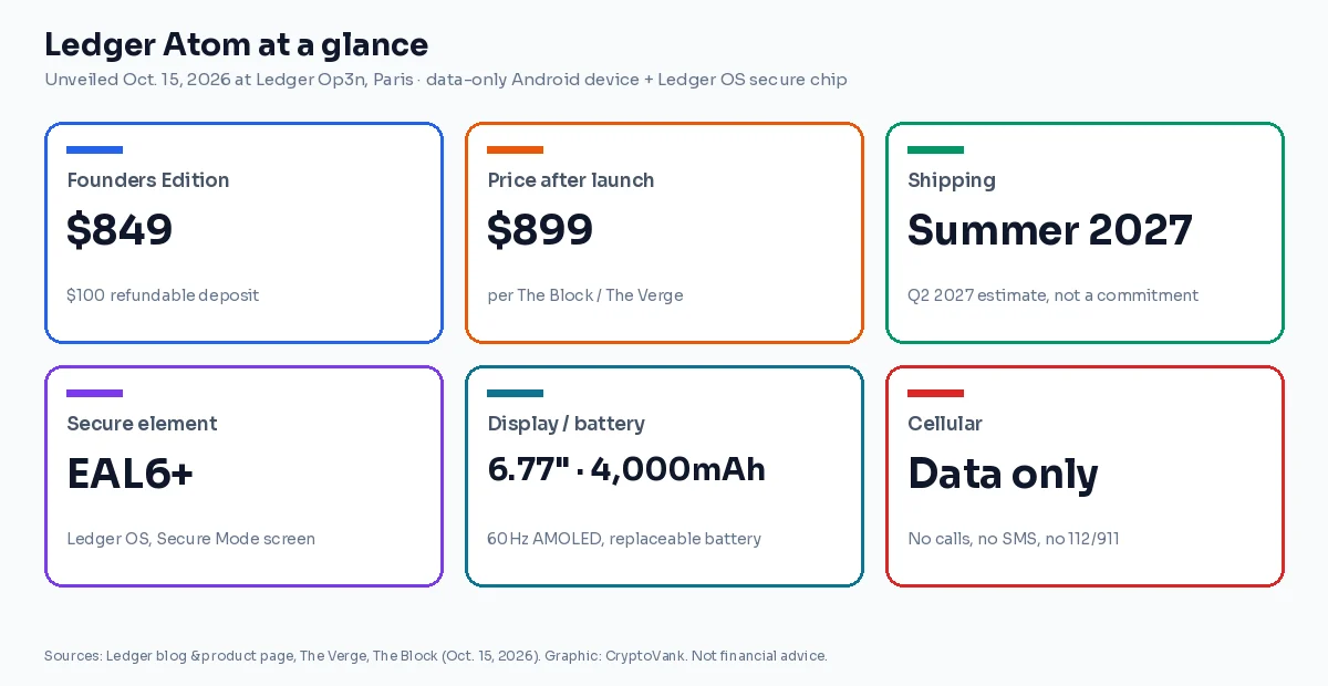 Ledger Atom key facts card: $849 Founders Edition, $899 after launch, $100 refundable deposit, shipping summer 2027, EAL6+ secure element, 6.77-inch display, data-only 4G/5G