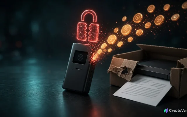 Ledger CryptoBilis theft illustration: a hardware wallet with a broken padlock leaking coins beside a torn shipping box