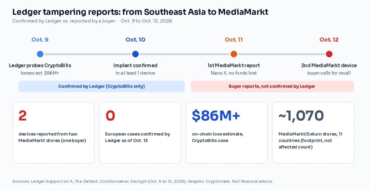 Timeline of the Ledger tampering reports from Oct. 9 to Oct. 12, 2026: CryptoBilis probe, confirmed implant, first and second MediaMarkt device reports, with key numbers