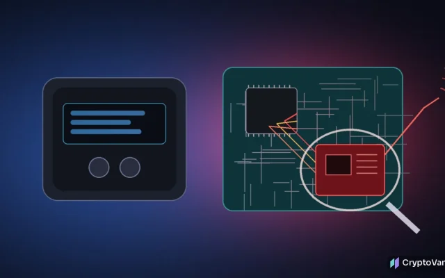 Abstract illustration of a generic hardware wallet opened on a dark workbench, with an extra red circuit board and antenna highlighted inside, no logos or people