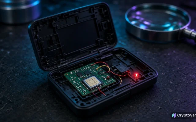 Tampered Ledger wallets illustration: an opened hardware wallet with a hidden circuit board implant and SIM chip under a magnifying glass