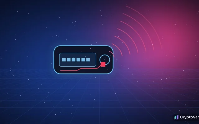 A glowing hardware-wallet-shaped slab on a dark grid with a hidden red circuit and a signal wave leaking out, abstract art with no people or brand logos