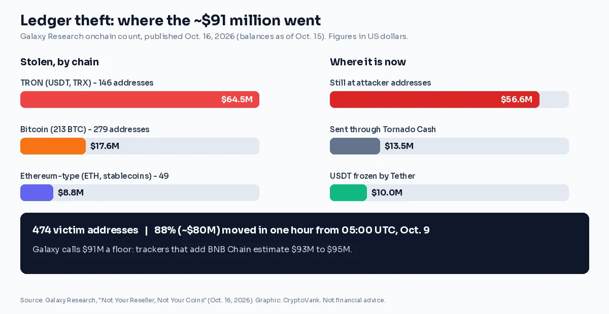 Ledger theft breakdown per Galaxy Research: $64.5M from TRON, $17.6M in BTC, $8.8M in ETH and stablecoins; $56.6M still held by attackers, $13.5M via Tornado Cash, $10M frozen by Tether