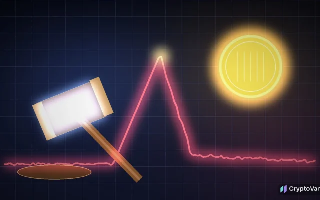 Milei LIBRA case illustration: a judge's gavel resting beside a glowing coin and a red price line that spikes then crashes