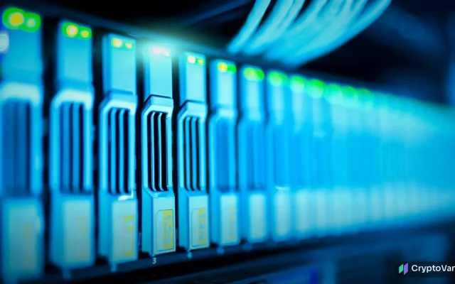 Rows of server hardware glowing blue in a data center rack