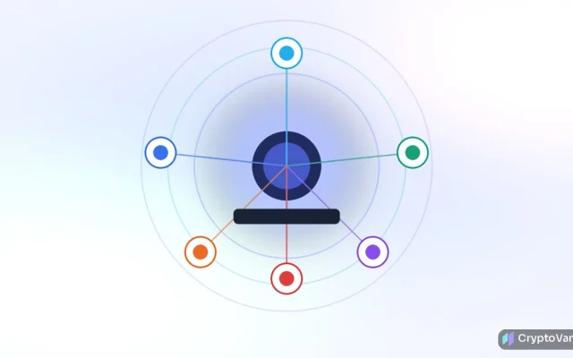 Abstract fintech illustration of a glowing multi-currency wallet hub linking fiat coins and a generic stablecoin token through a single API rail on a clean white and indigo background, no people or brand logos
