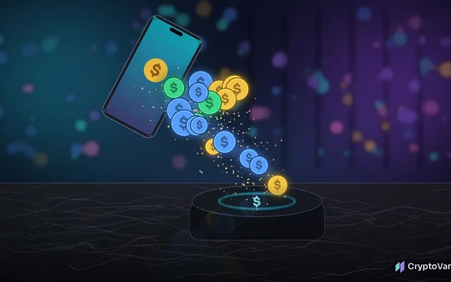 Mesh Visa crypto payments illustration: a smartphone streams gold, green and blue dollar coins into a glowing contactless payment terminal on a dark shop counter at night
