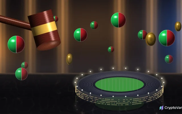 Missouri prediction market lawsuit illustration: a wooden judge's gavel hovers over a glowing miniature football stadium on a dark marble desk, with floating green and red prediction spheres, gold coins and courthouse columns behind