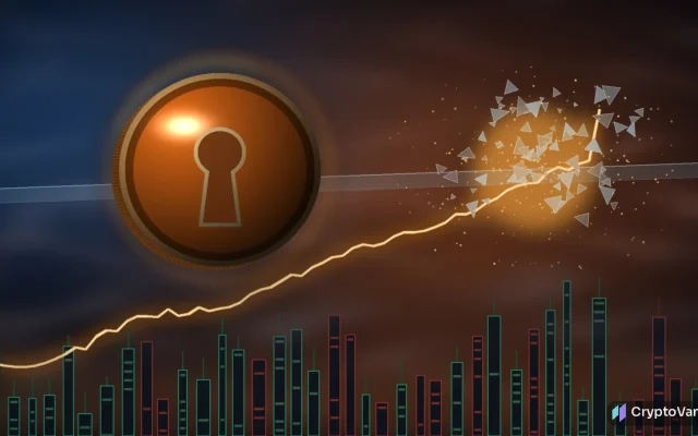 Monero price rally illustration: a glowing orange privacy coin with a keyhole emblem floats in smoky dark space while a bright orange price line breaks up through a glass resistance barrier above a skyline of candlestick towers