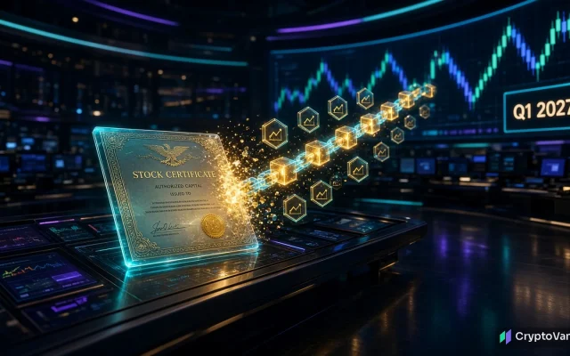 Morgan Stanley tokenized equities concept: a glass stock certificate turning into digital tokens on a trading floor with a Q1 2027 screen, no logos or people
