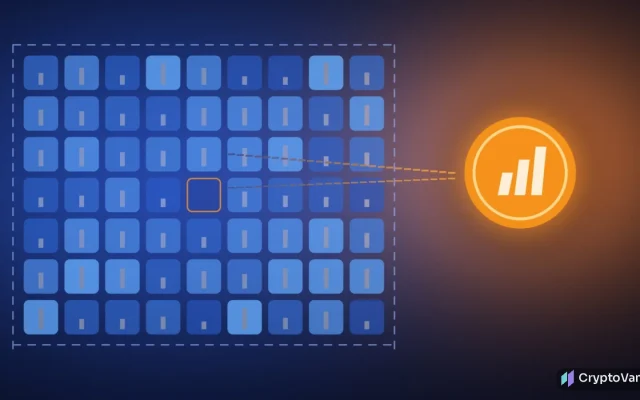 Abstract illustration of a grid of blue index tiles with one empty slot and a glowing orange coin drifting out of the grid, no people or brand logos