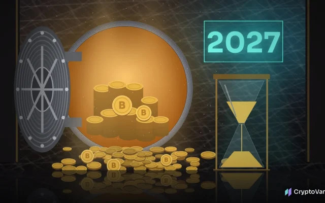 Mt. Gox repayment deadline illustration: an open steel vault full of generic gold coins marked B, a glowing 2027 panel and an hourglass running out of sand, no logos