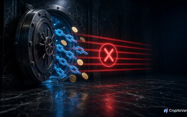 Netanyahu crypto plan illustration: blockchain links and generic coins leave a bank vault but are stopped by a red laser barrier