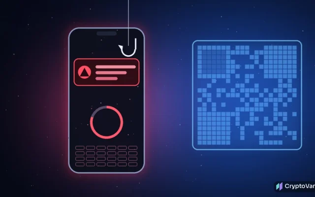 NGRAVE phishing illustration: a dark smartphone showing a red alert card, a countdown ring and 24 empty word slots under a fishing hook, beside a sealed blue QR grid, abstract art with no people or brand logos