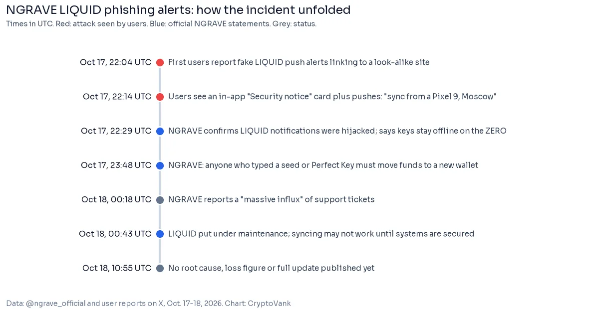 NGRAVE phishing timeline for Oct. 17-18, 2026 in UTC, from the first fake LIQUID push alerts at 22:04 to NGRAVE putting the app under maintenance at 00:43