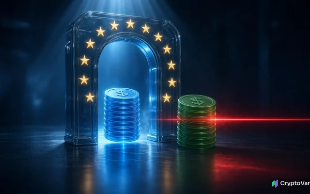 Non-MiCA stablecoins illustration: a red laser barrier blocks a stack of green dollar coins while blue coins pass through a glass gate ringed with gold stars