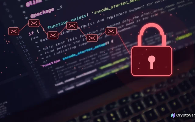 North Korea IT worker sanctions illustration: a glowing red padlock over a laptop code screen with a chain of blocked crypto wallet nodes