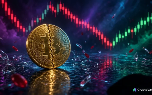 October 10 crash one year later illustration: a cracked gold bitcoin coin with a falling red and recovering green candlestick chart behind it