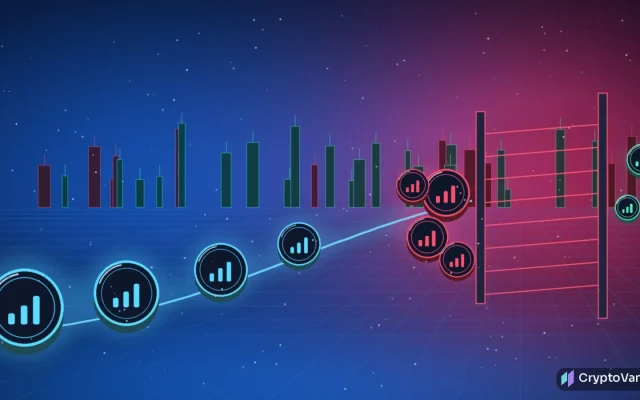 OKXICE tokenized stocks concept: glowing glass share tokens on a blockchain grid, with some tokens stopped behind red light barriers, abstract art with no logos