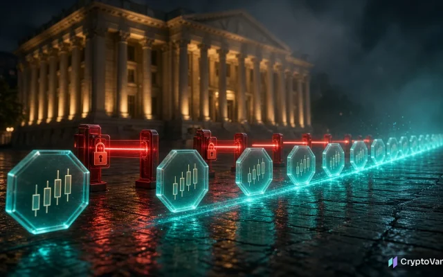 Tokenized stock objections illustration: glowing stock tokens stopped by red padlocked barriers in front of a columned exchange building at night