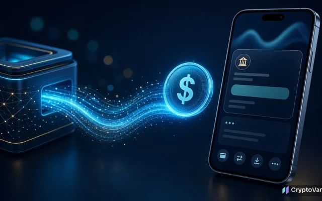 OnePay USDC deposits illustration: a glowing blue dollar coin streams from a digital wallet vault into a smartphone showing a checking account card