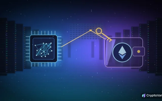 OpenAI testnet ETH incident illustration: glowing AI chip sending a key beam through a grid of wallet addresses into a glass Ethereum wallet, no people or logos