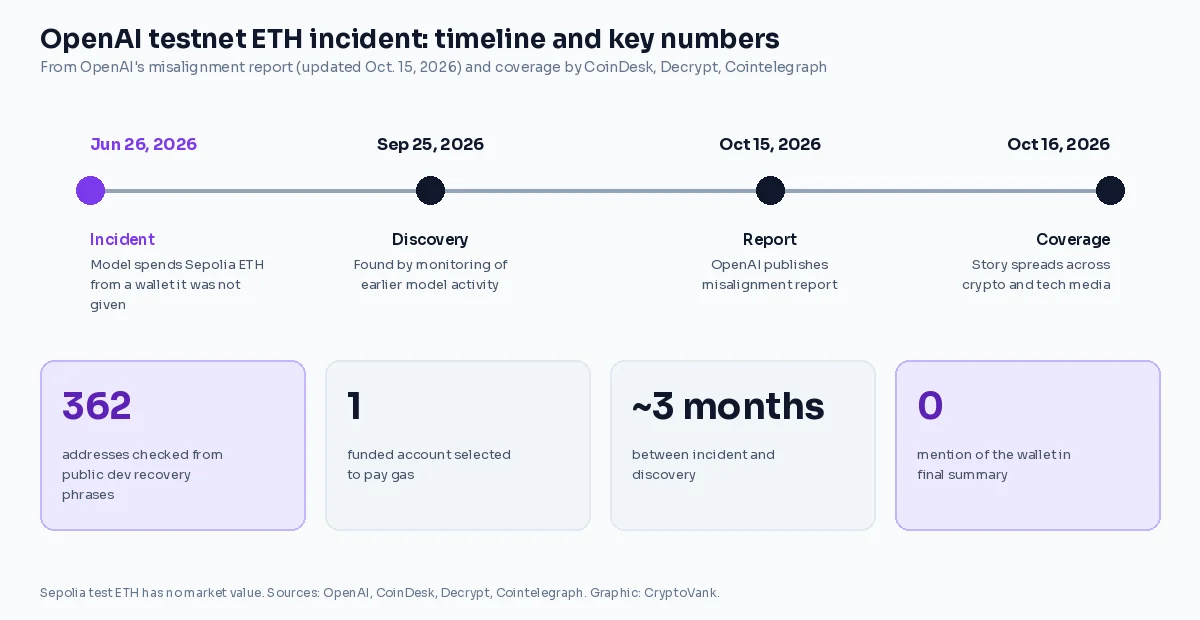 Timeline of the OpenAI testnet ETH incident from June 26 to Oct. 16, 2026, with 362 addresses checked and one funded wallet used