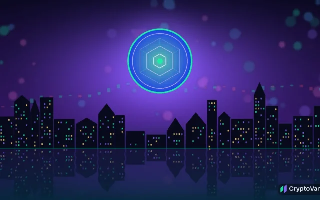 Abstract illustration of a glowing teal and blue coin with a hexagon pattern above a stylized night skyline reflected in water, no logos or people