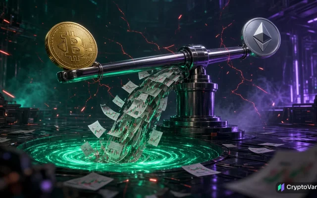 Papertrade 1000x leverage illustration: a chrome lever balancing a gold bitcoin coin and a silver ether coin above a glowing green liquidity pool
