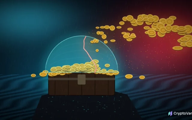 Pirate Chain exploit illustration: a treasure chest of gold coins under a cracked glowing shield, with duplicate coins pouring out on a stormy sea