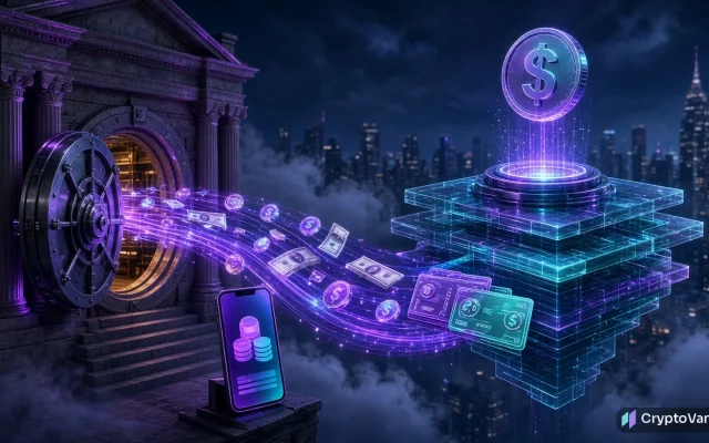 Polygon Open Money Stack illustration: stablecoins and cash flowing from a bank vault across a glowing bridge to a Solana payments platform