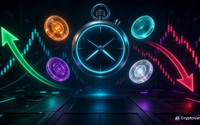 Polymarket 5-minute markets illustration: a glowing stopwatch between four abstract coins with a green up arrow and a red down arrow