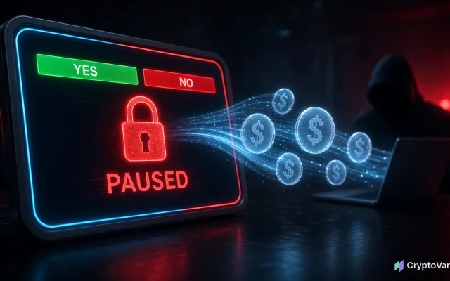 Polymarket hack illustration: a prediction market screen locked and paused while stablecoins stream toward a hooded attacker's laptop
