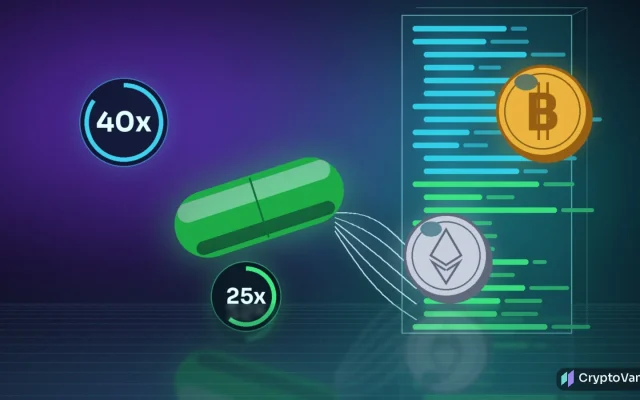 Pump.fun perps illustration: a glossy green capsule wired into a glowing order-book tower with 40x and 25x leverage gauges and generic bitcoin and ether coins, no people or logos
