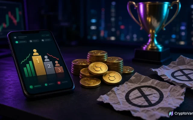 Pump.fun Squads competition illustration: a phone with a trading leaderboard podium, a stack of gold coins, a trophy and crumpled protest signs on a dark desk