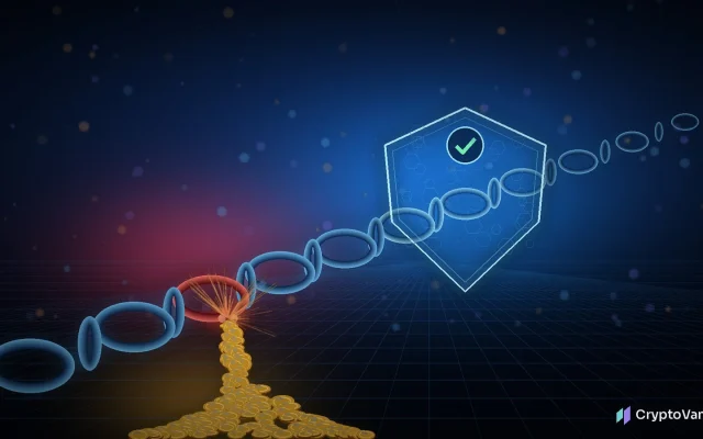 Crypto hacks illustration: a glowing blue shield with a checkmark guards one section of a long neon chain, while a cracked red link outside the shield leaks generic gold coins into the dark