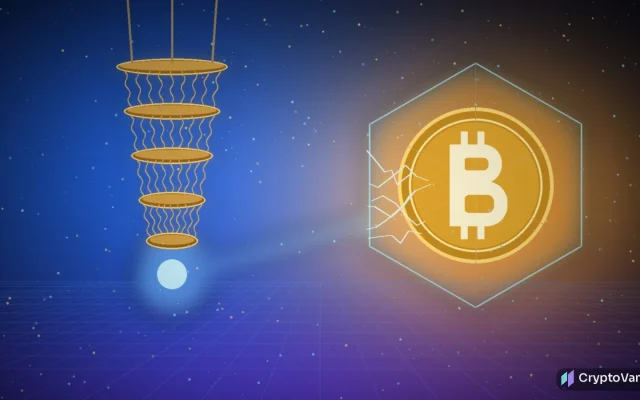 Quantum Alliance concept: a gold quantum computer chandelier beams light at a Bitcoin-style coin inside a cracked hexagonal shield, cinematic 3D scene