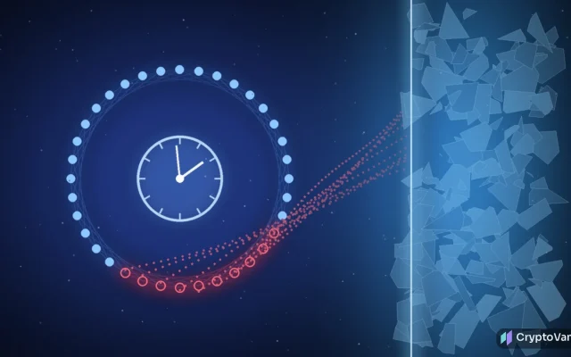 Qubic hack illustration: a ring of glowing wallet nodes with several drained red nodes, frozen behind a cold blue ice wall beside a stopped clock dial, abstract art with no people or brand logos