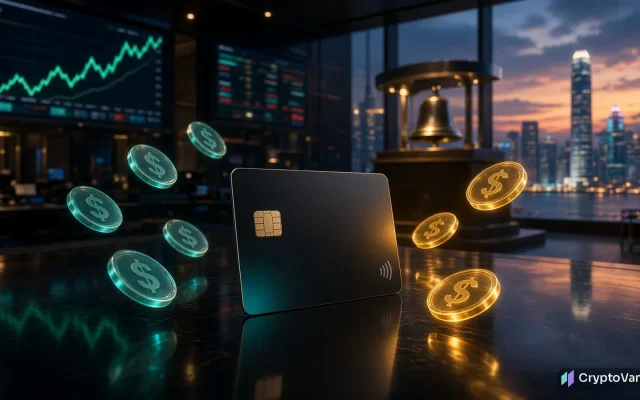 RedotPay IPO illustration: a black crypto payment card with glowing stablecoin tokens in front of a trading floor and an IPO bell at dusk