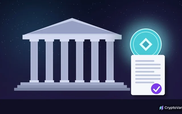 Regulation Crypto Assets illustration: a classical columned government building beside a glowing teal token and a rulebook page with a purple check mark, with no people or logos