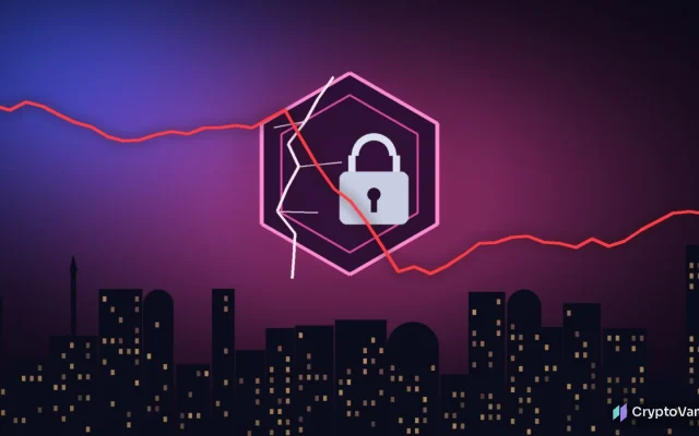 Abstract illustration of the HEX founder arrest story: a glowing hexagon token cracking over a night city skyline with a falling red price line and a closed padlock, no people or logos