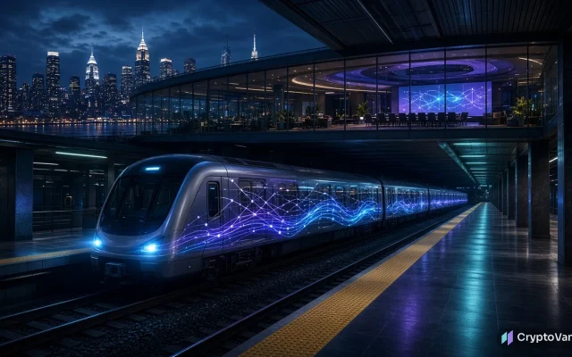 Ripple Swell 2026 illustration: a glowing subway train with blue network light patterns under a night city skyline and a glass conference hall