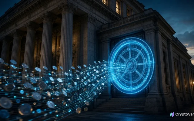 Ripple National Trust Bank illustration: a neoclassical bank building at dusk with a glowing blue digital vault door and unmarked coins flowing in