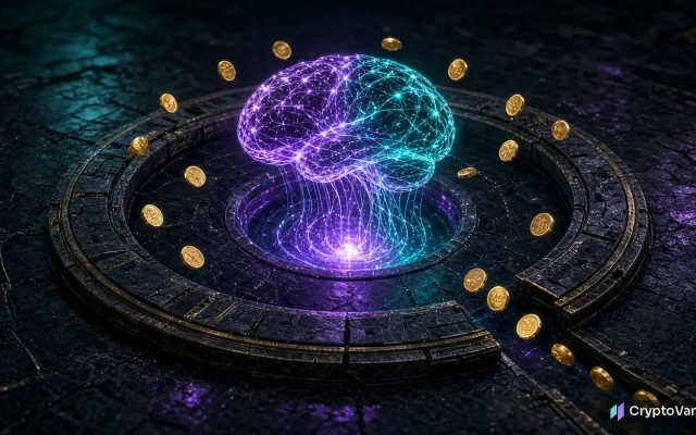 RITUAL tokenomics illustration: a glowing AI brain made of light rising from a dark stone ring with unmarked gold coins orbiting and flowing out