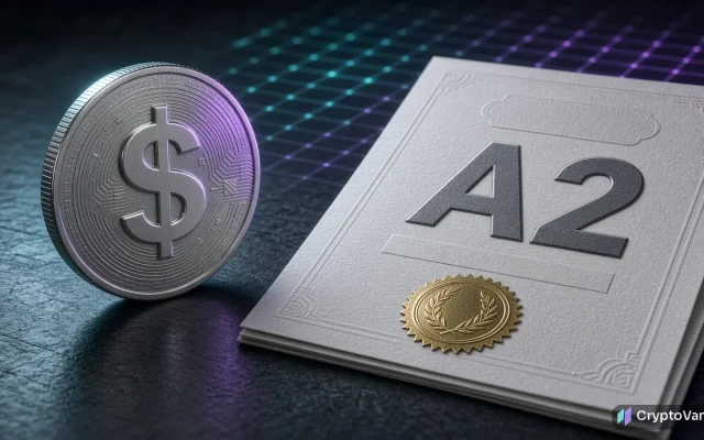 RLUSD Moody's rating illustration: a silver dollar coin beside a rating certificate with an A2 grade and a gold seal